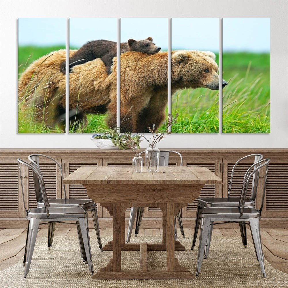 The "Bear and Cub Canvas Print" is a black and white animal wall art piece featuring a gallery wrap and UV-protective coating.