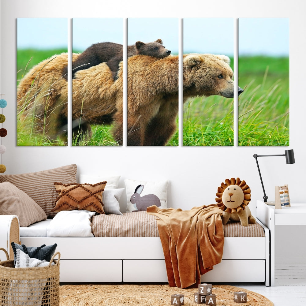 The "Bear and Cub Canvas Print" is a black and white animal wall art piece featuring a gallery wrap and UV-protective coating.