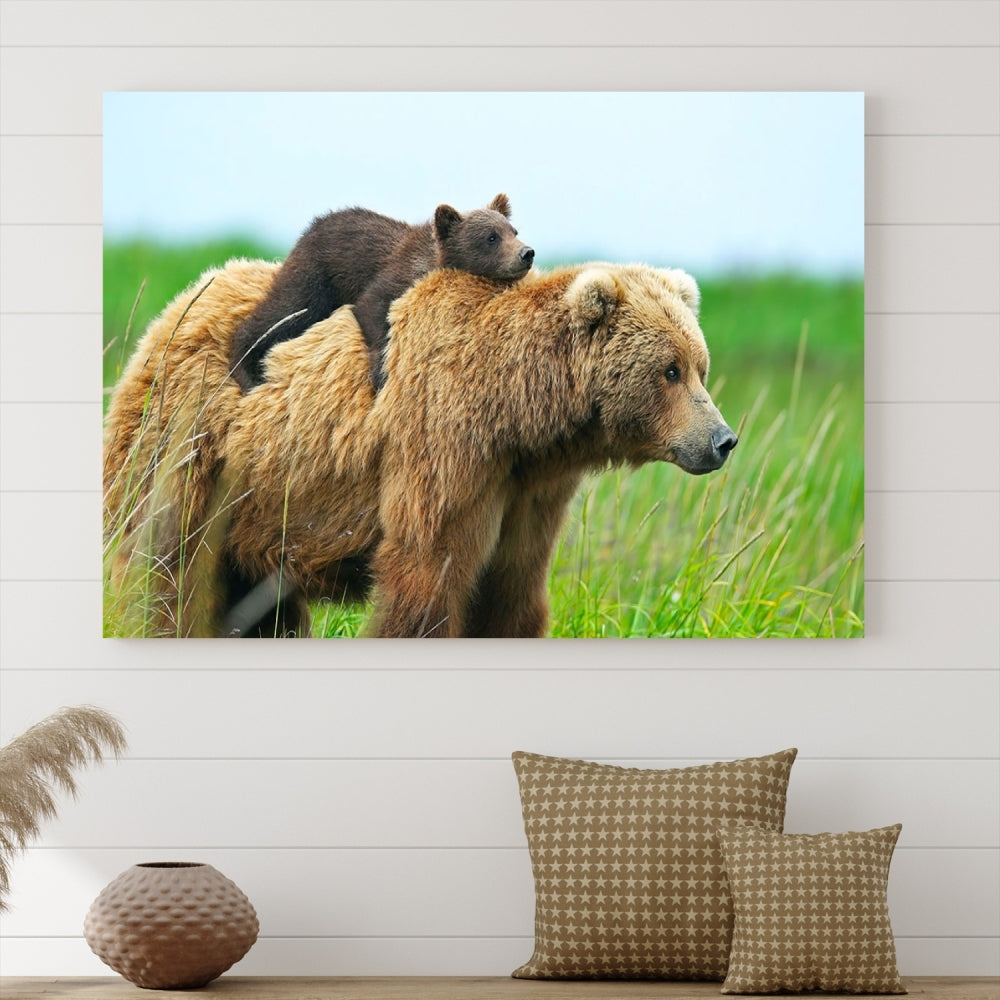 The "Bear and Cub Canvas Print" is a black and white animal wall art piece featuring a gallery wrap and UV-protective coating.