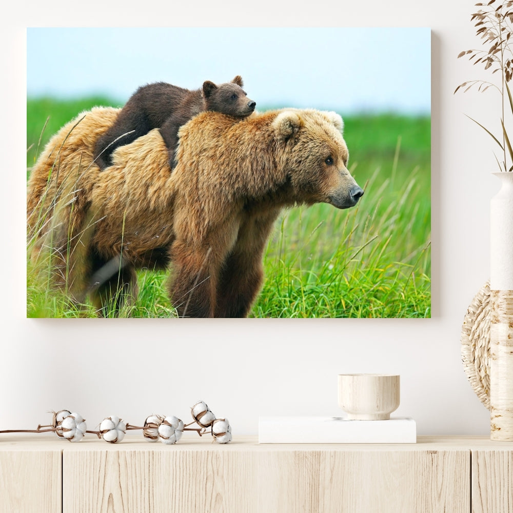 The "Bear and Cub Canvas Print" is a black and white animal wall art piece featuring a gallery wrap and UV-protective coating.