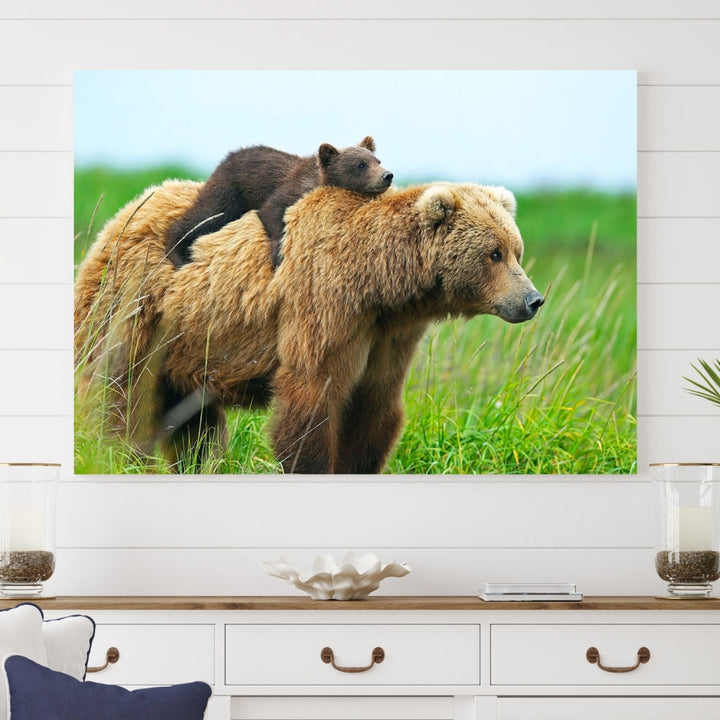 The "Bear and Cub Canvas Print" is a black and white animal wall art piece featuring a gallery wrap and UV-protective coating.