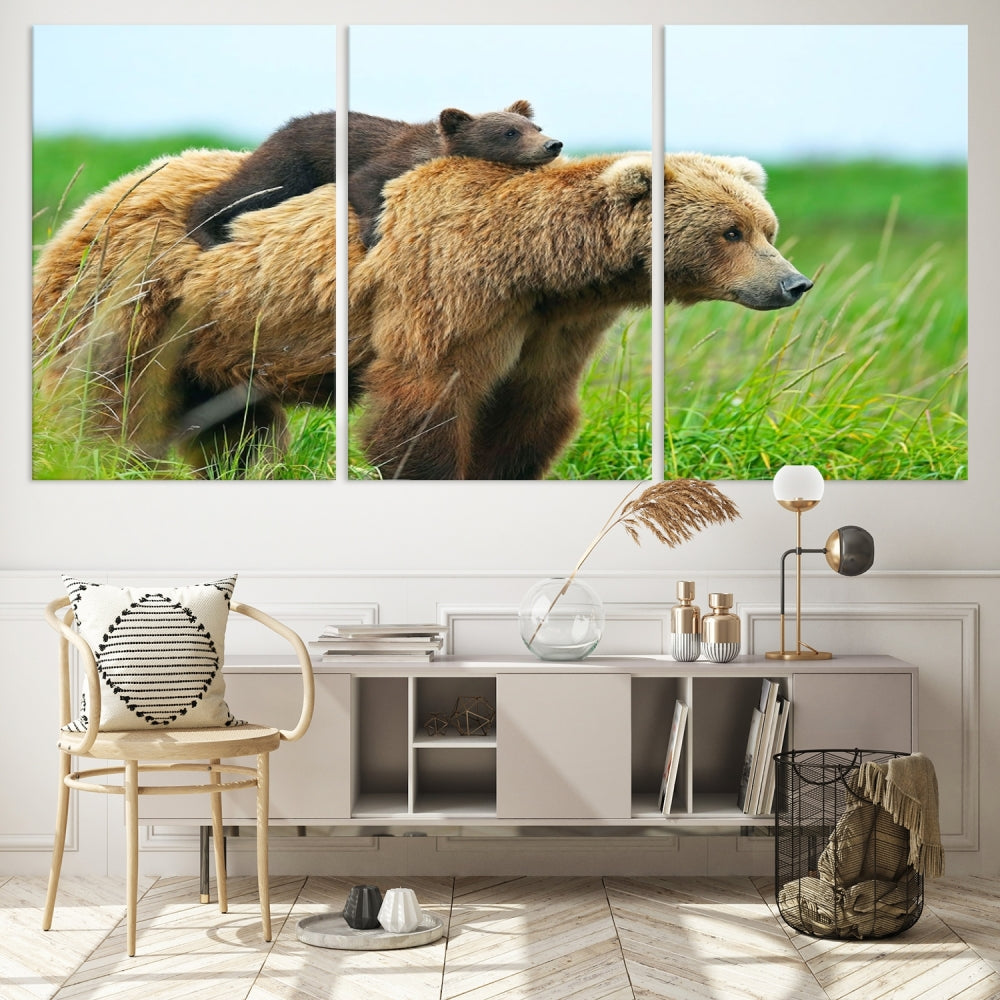 The "Bear and Cub Canvas Print" is a black and white animal wall art piece featuring a gallery wrap and UV-protective coating.