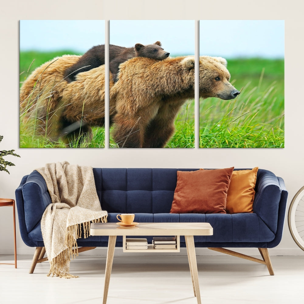 The "Bear and Cub Canvas Print" is a black and white animal wall art piece featuring a gallery wrap and UV-protective coating.