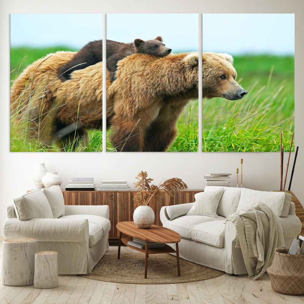 The "Bear and Cub Canvas Print" is a black and white animal wall art piece featuring a gallery wrap and UV-protective coating.