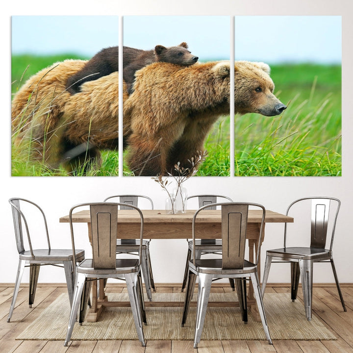 The "Bear and Cub Canvas Print" is a black and white animal wall art piece featuring a gallery wrap and UV-protective coating.