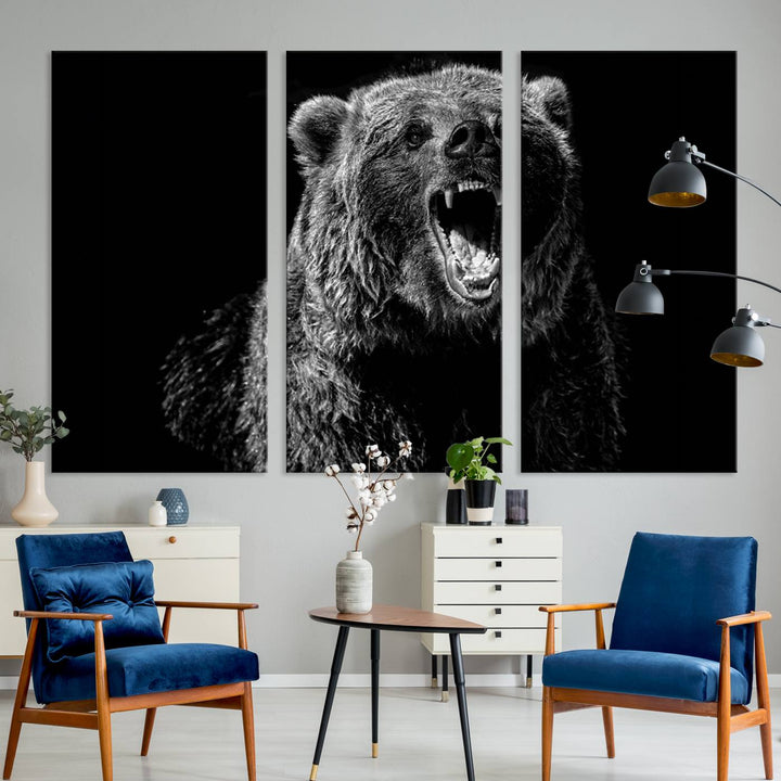 A striking Bear Canvas Print, perfect for cabin decor and ready to hang, is displayed in the modern living room, adding a touch of wildlife art to the sleek design.