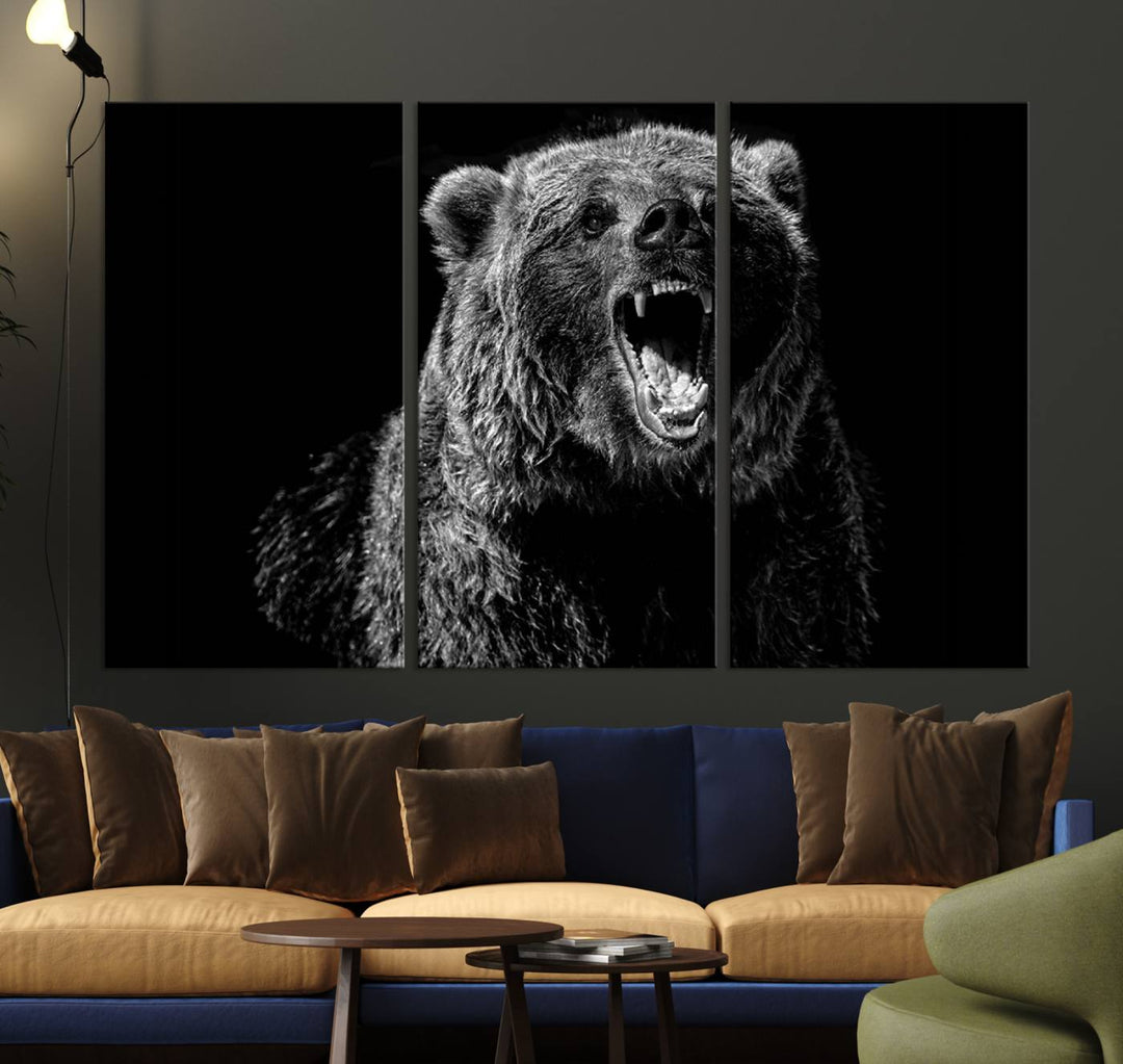 A striking Bear Canvas Print, perfect for cabin decor and ready to hang, is displayed in the modern living room, adding a touch of wildlife art to the sleek design.