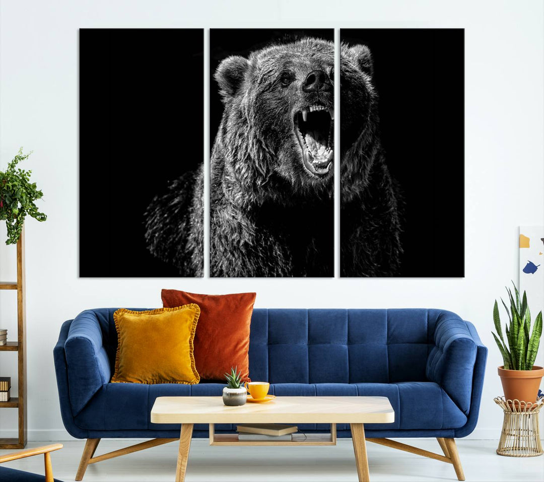 A striking Bear Canvas Print, perfect for cabin decor and ready to hang, is displayed in the modern living room, adding a touch of wildlife art to the sleek design.