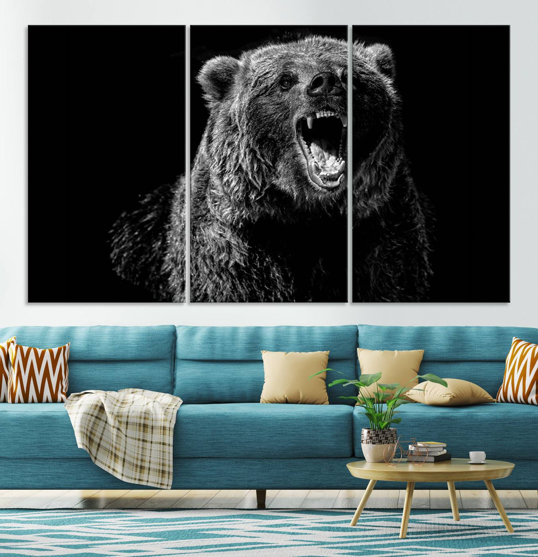 A striking Bear Canvas Print, perfect for cabin decor and ready to hang, is displayed in the modern living room, adding a touch of wildlife art to the sleek design.