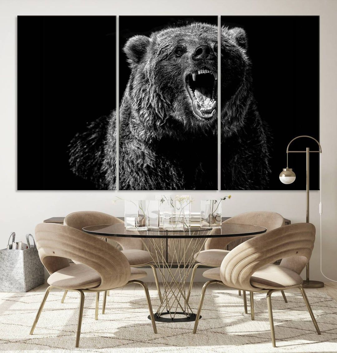 A striking Bear Canvas Print, perfect for cabin decor and ready to hang, is displayed in the modern living room, adding a touch of wildlife art to the sleek design.