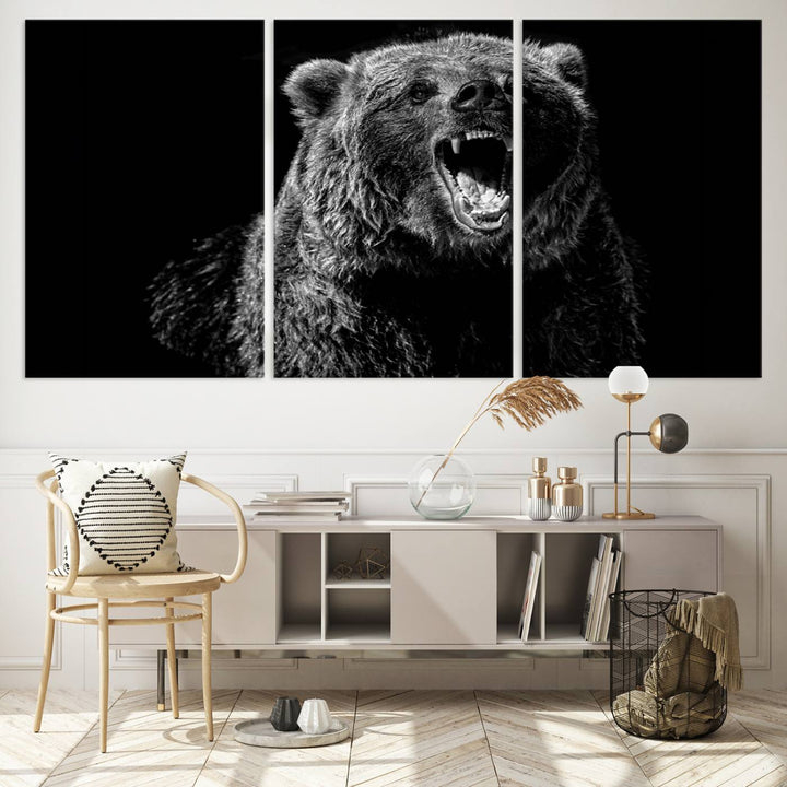 A striking Bear Canvas Print, perfect for cabin decor and ready to hang, is displayed in the modern living room, adding a touch of wildlife art to the sleek design.