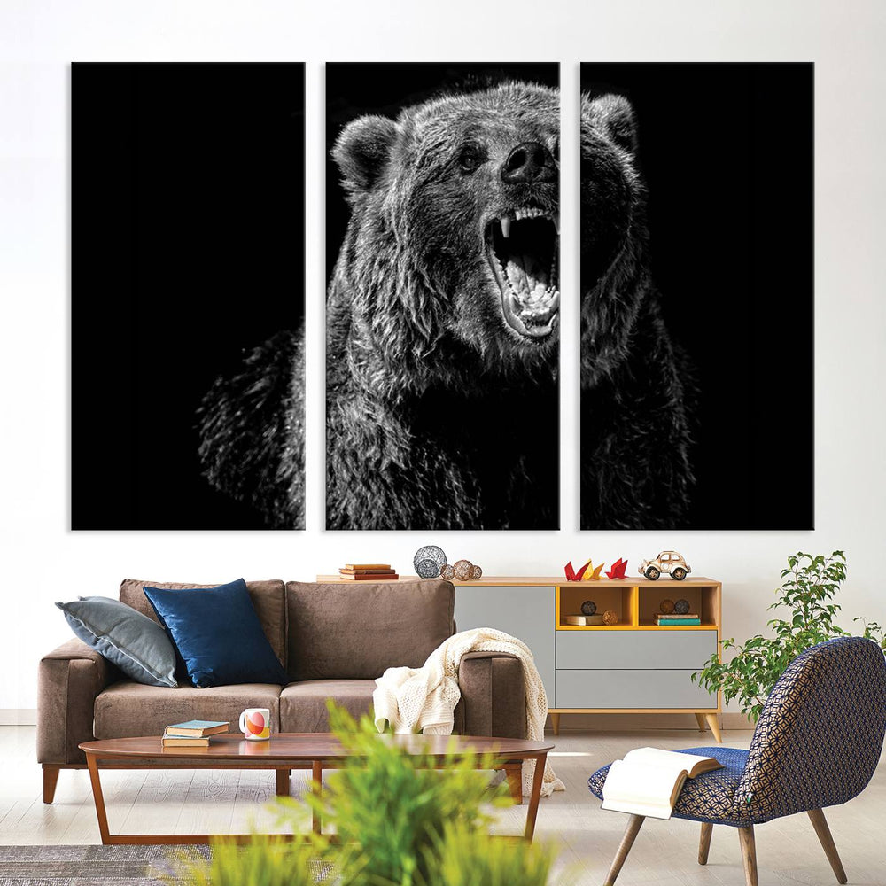 A striking Bear Canvas Print, perfect for cabin decor and ready to hang, is displayed in the modern living room, adding a touch of wildlife art to the sleek design.