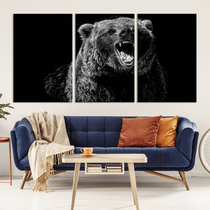 A striking Bear Canvas Print, perfect for cabin decor and ready to hang, is displayed in the modern living room, adding a touch of wildlife art to the sleek design.