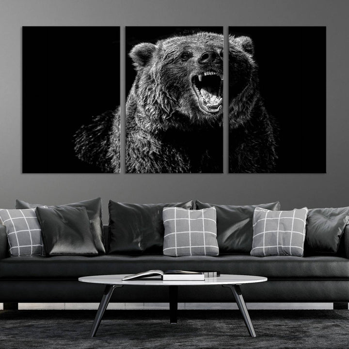 A striking Bear Canvas Print, perfect for cabin decor and ready to hang, is displayed in the modern living room, adding a touch of wildlife art to the sleek design.