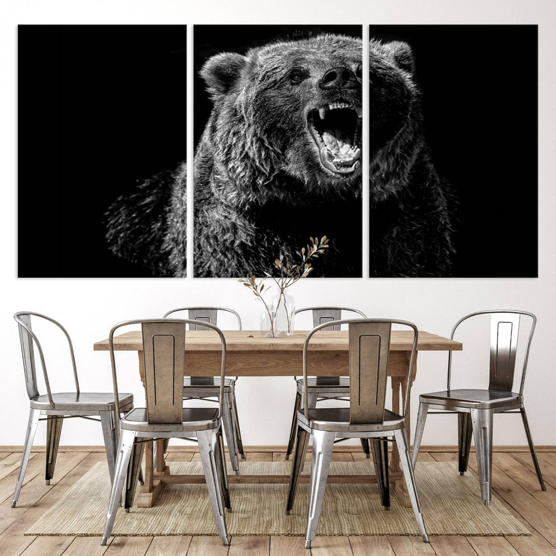 A striking Bear Canvas Print, perfect for cabin decor and ready to hang, is displayed in the modern living room, adding a touch of wildlife art to the sleek design.