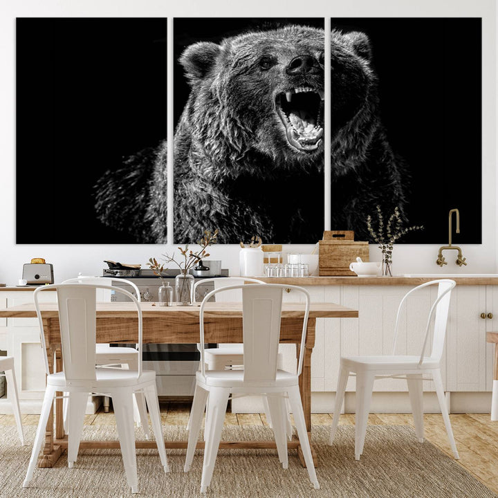 A striking Bear Canvas Print, perfect for cabin decor and ready to hang, is displayed in the modern living room, adding a touch of wildlife art to the sleek design.