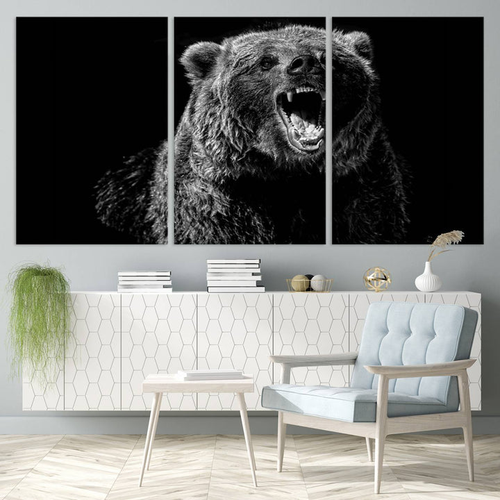 A striking Bear Canvas Print, perfect for cabin decor and ready to hang, is displayed in the modern living room, adding a touch of wildlife art to the sleek design.