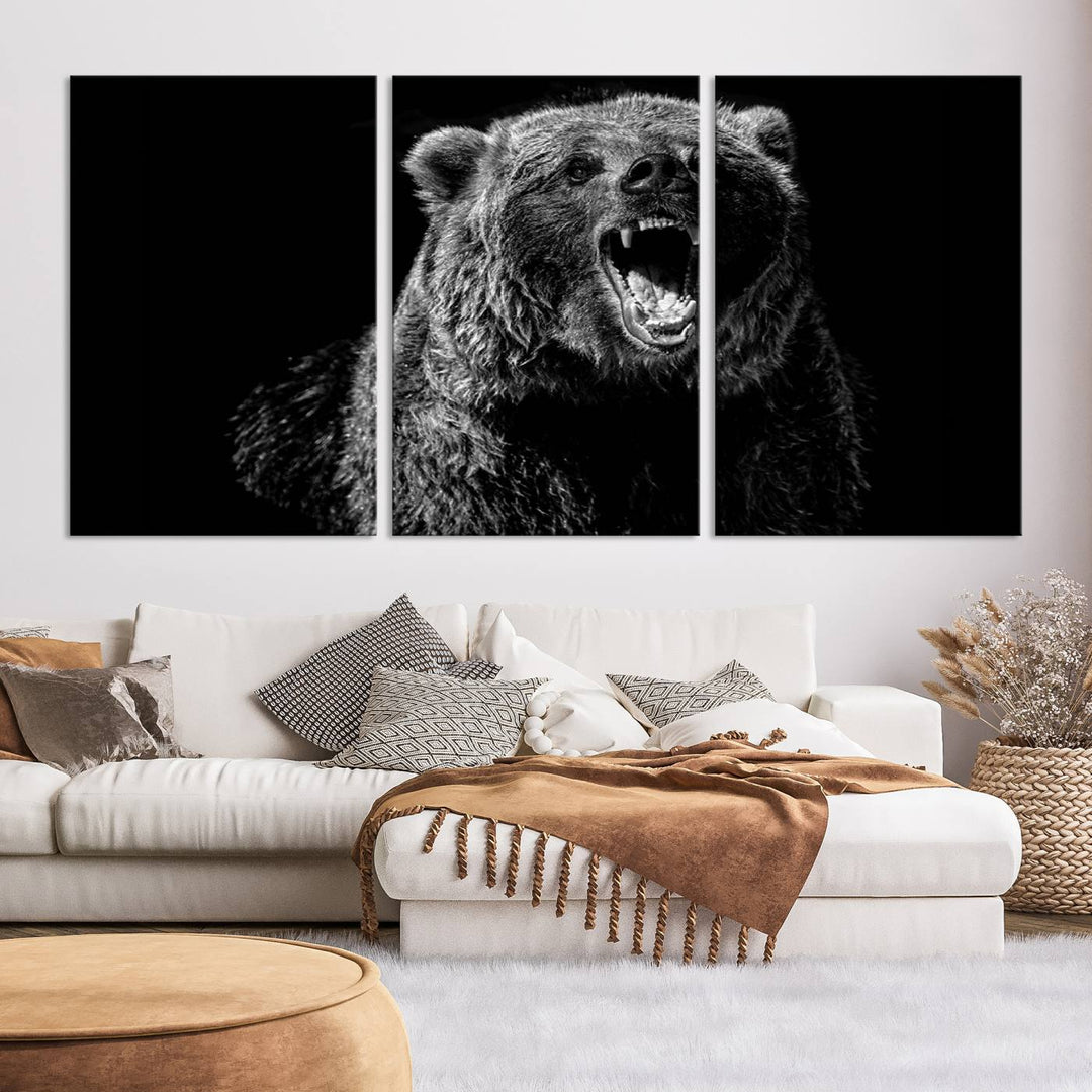 A striking Bear Canvas Print, perfect for cabin decor and ready to hang, is displayed in the modern living room, adding a touch of wildlife art to the sleek design.