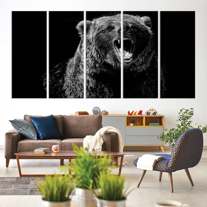 A striking Bear Canvas Print, perfect for cabin decor and ready to hang, is displayed in the modern living room, adding a touch of wildlife art to the sleek design.