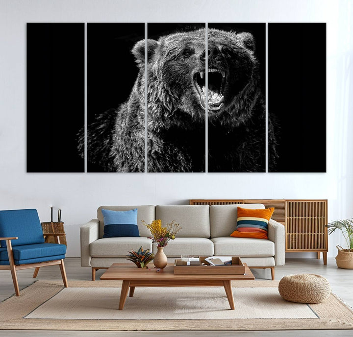 A striking Bear Canvas Print, perfect for cabin decor and ready to hang, is displayed in the modern living room, adding a touch of wildlife art to the sleek design.