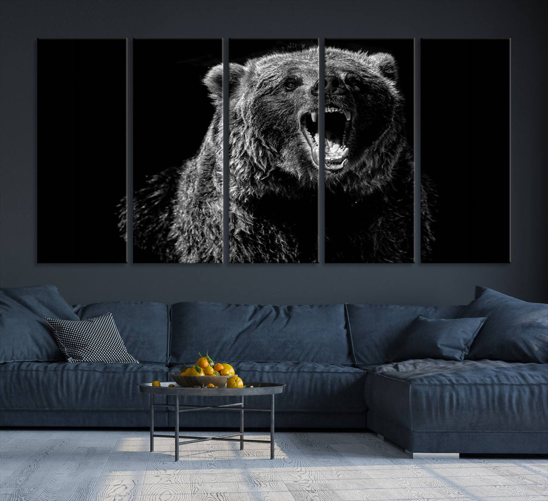 A striking Bear Canvas Print, perfect for cabin decor and ready to hang, is displayed in the modern living room, adding a touch of wildlife art to the sleek design.