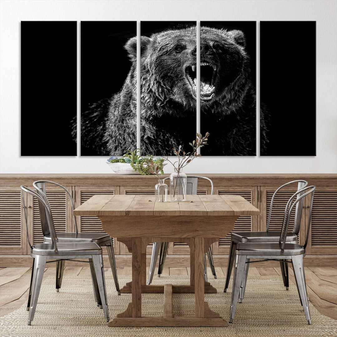 A striking Bear Canvas Print, perfect for cabin decor and ready to hang, is displayed in the modern living room, adding a touch of wildlife art to the sleek design.