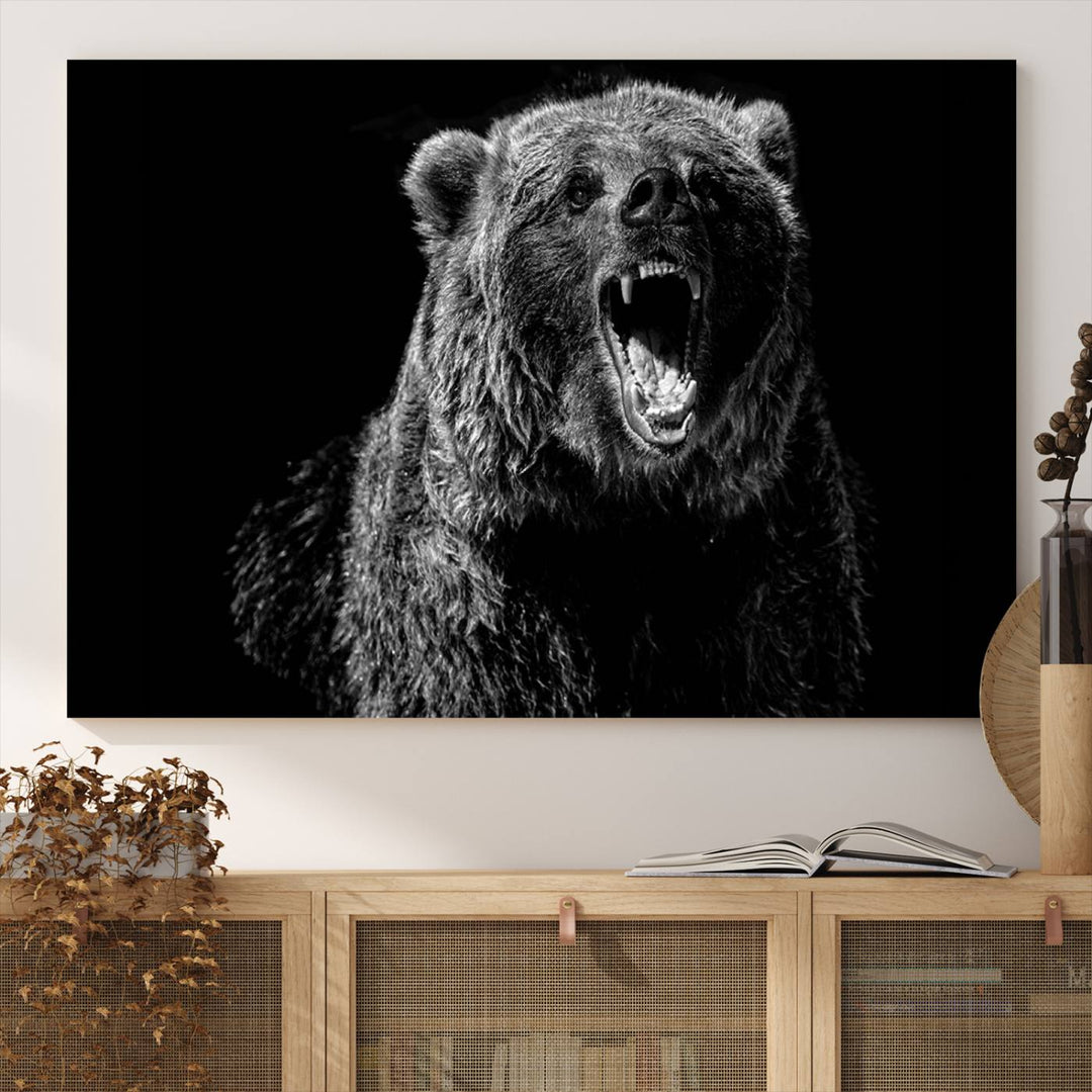 A striking Bear Canvas Print, perfect for cabin decor and ready to hang, is displayed in the modern living room, adding a touch of wildlife art to the sleek design.