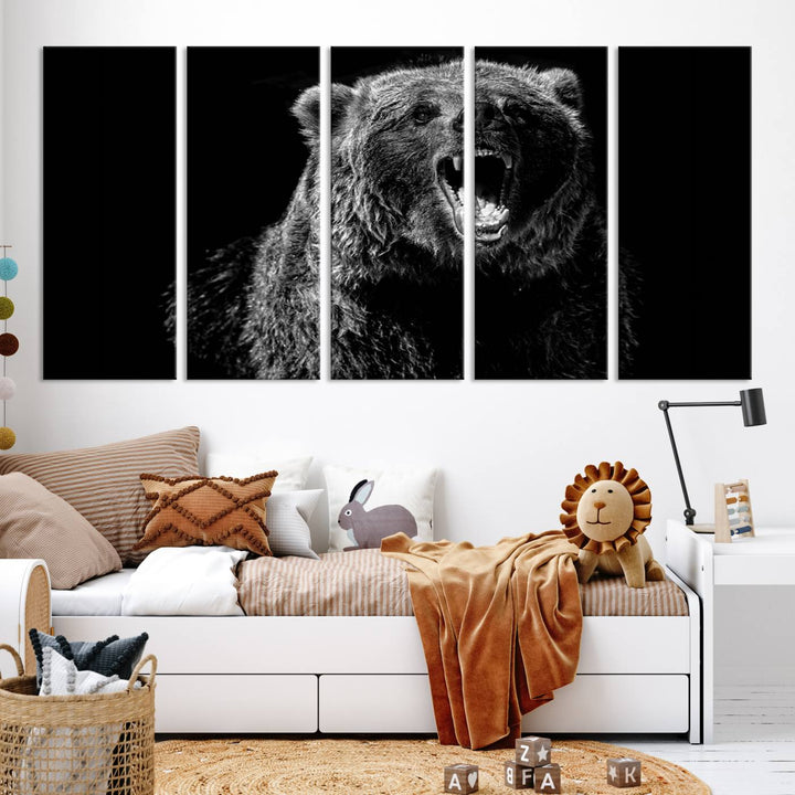 A striking Bear Canvas Print, perfect for cabin decor and ready to hang, is displayed in the modern living room, adding a touch of wildlife art to the sleek design.