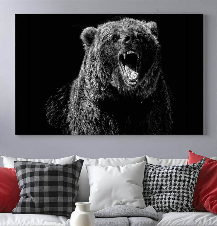 A striking Bear Canvas Print, perfect for cabin decor and ready to hang, is displayed in the modern living room, adding a touch of wildlife art to the sleek design.