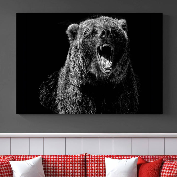 A striking Bear Canvas Print, perfect for cabin decor and ready to hang, is displayed in the modern living room, adding a touch of wildlife art to the sleek design.