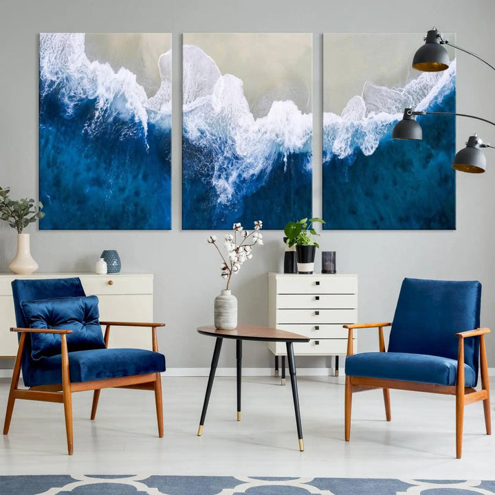 The living room is complemented by the Beautiful Aerial Beach Canvas Wall Art on museum-quality canvas.