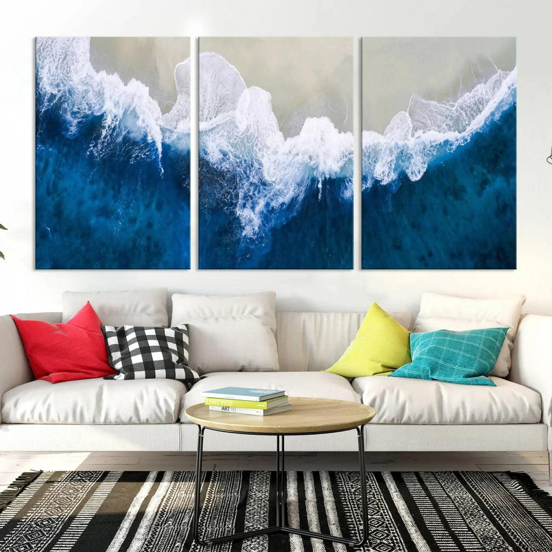 The living room is complemented by the Beautiful Aerial Beach Canvas Wall Art on museum-quality canvas.