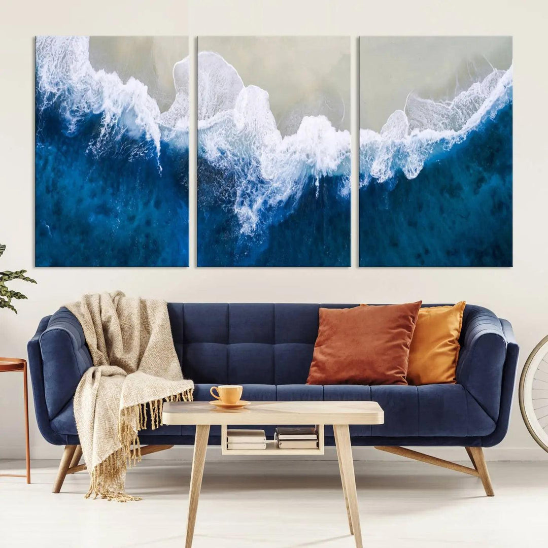 The living room is complemented by the Beautiful Aerial Beach Canvas Wall Art on museum-quality canvas.