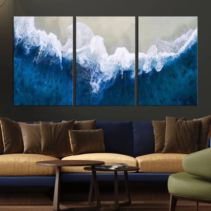 The living room is complemented by the Beautiful Aerial Beach Canvas Wall Art on museum-quality canvas.