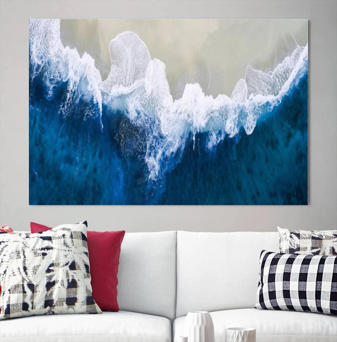 The living room is complemented by the Beautiful Aerial Beach Canvas Wall Art on museum-quality canvas.