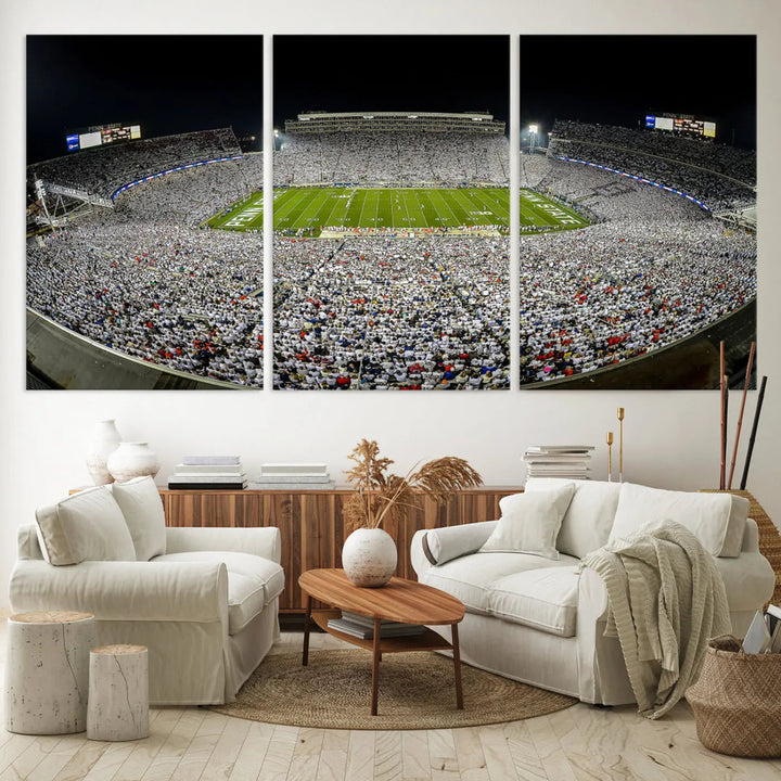 The Beaver Stadium Night Game Triple Canvas Wall Art - Penn State Nittany Lions Football Match features a panoramic view of a packed Beaver Stadium at night.