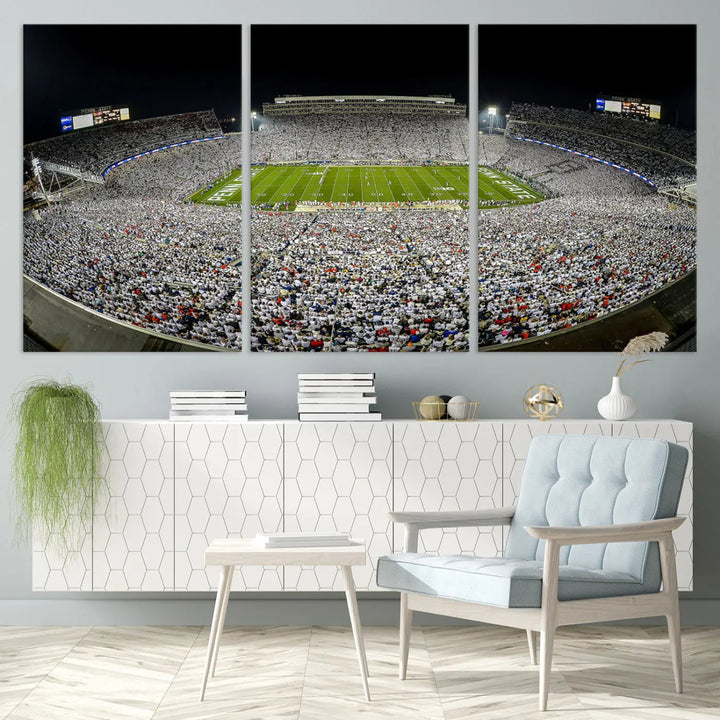 The Beaver Stadium Night Game Triple Canvas Wall Art - Penn State Nittany Lions Football Match features a panoramic view of a packed Beaver Stadium at night.