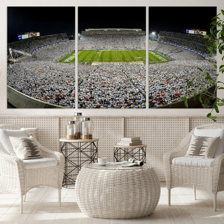 The Beaver Stadium Night Game Triple Canvas Wall Art - Penn State Nittany Lions Football Match features a panoramic view of a packed Beaver Stadium at night.