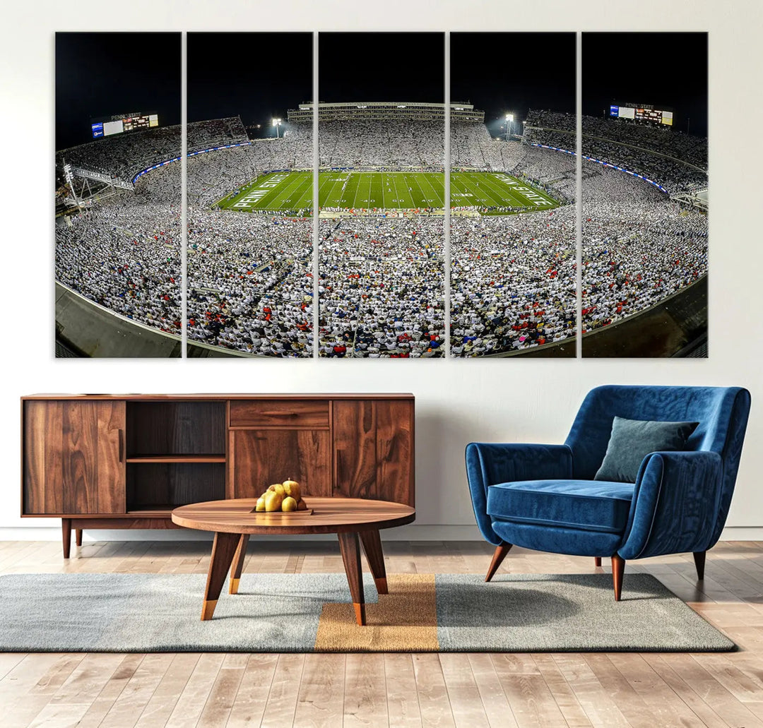 The Beaver Stadium Night Game Triple Canvas Wall Art - Penn State Nittany Lions Football Match features a panoramic view of a packed Beaver Stadium at night.