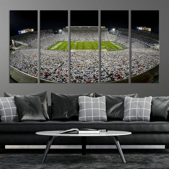 The Beaver Stadium Night Game Triple Canvas Wall Art - Penn State Nittany Lions Football Match features a panoramic view of a packed Beaver Stadium at night.