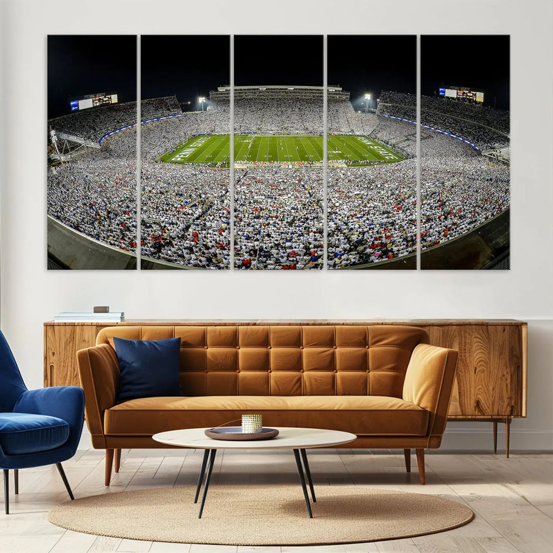 The Beaver Stadium Night Game Triple Canvas Wall Art - Penn State Nittany Lions Football Match features a panoramic view of a packed Beaver Stadium at night.