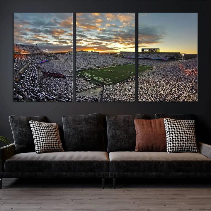 The living room features a beautifully decorated triptych of Beaver Stadium Wall Art, depicting the Penn Nittany Lions football match and capturing the vibrant energy of fans.