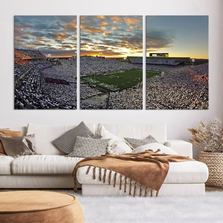 The living room features a beautifully decorated triptych of Beaver Stadium Wall Art, depicting the Penn Nittany Lions football match and capturing the vibrant energy of fans.