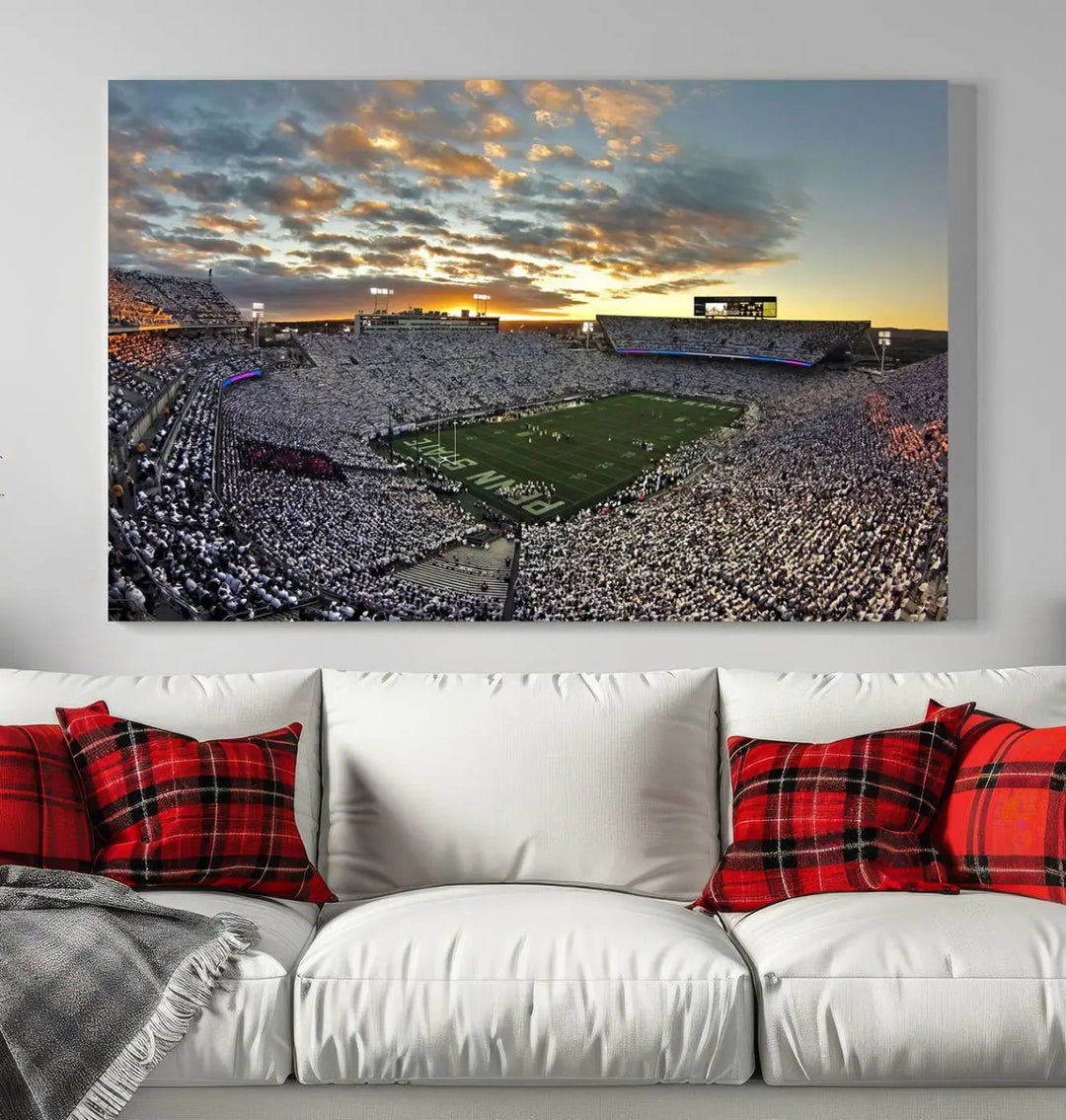 The living room features a beautifully decorated triptych of Beaver Stadium Wall Art, depicting the Penn Nittany Lions football match and capturing the vibrant energy of fans.