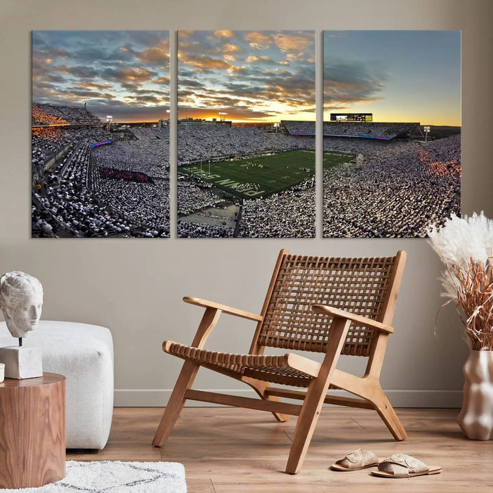 The living room features a beautifully decorated triptych of Beaver Stadium Wall Art, depicting the Penn Nittany Lions football match and capturing the vibrant energy of fans.