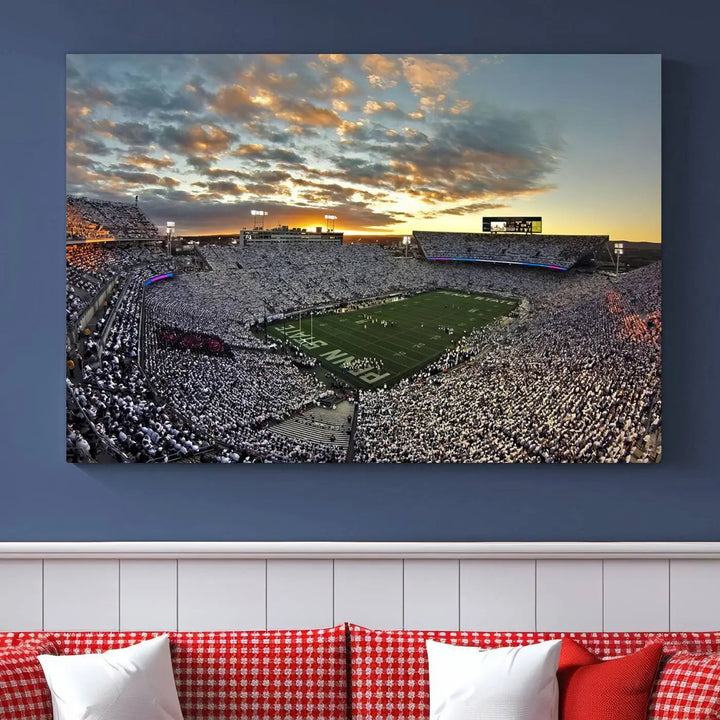 The living room features a beautifully decorated triptych of Beaver Stadium Wall Art, depicting the Penn Nittany Lions football match and capturing the vibrant energy of fans.