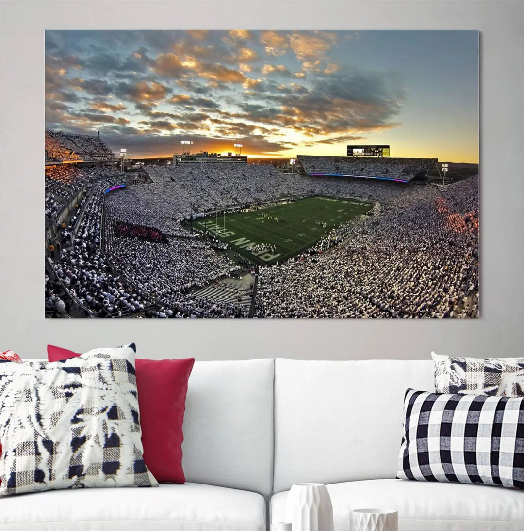 The living room features a beautifully decorated triptych of Beaver Stadium Wall Art, depicting the Penn Nittany Lions football match and capturing the vibrant energy of fans.