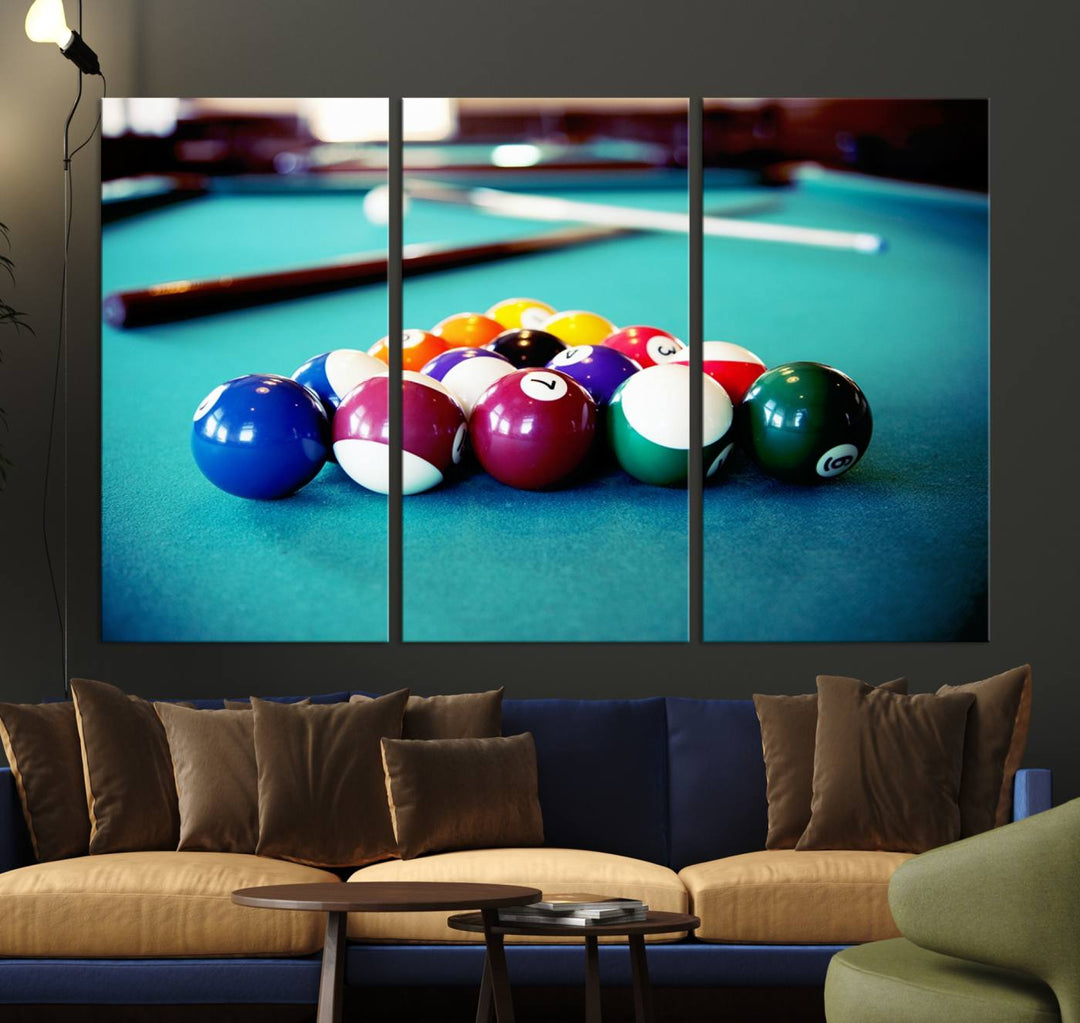 The Billiard Balls Pool Table Wall Art, a handmade piece, features cues on a blue table.