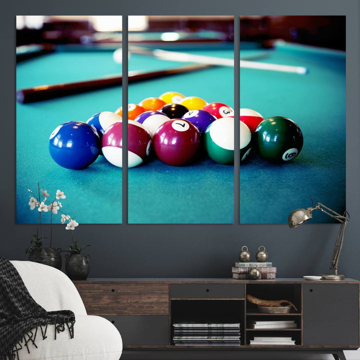 The Billiard Balls Pool Table Wall Art, a handmade piece, features cues on a blue table.