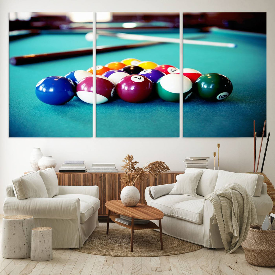 The Billiard Balls Pool Table Wall Art, a handmade piece, features cues on a blue table.